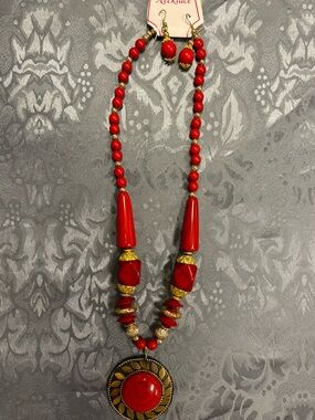 Red and Gold Beaded Pendant Necklace with Matching Earrings Set from India